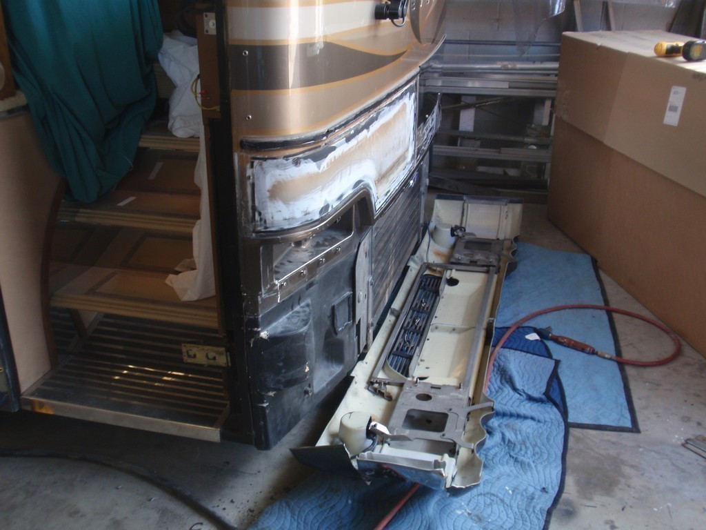 Prevost XL II Collision repairs in progress to front corner by Excalibur