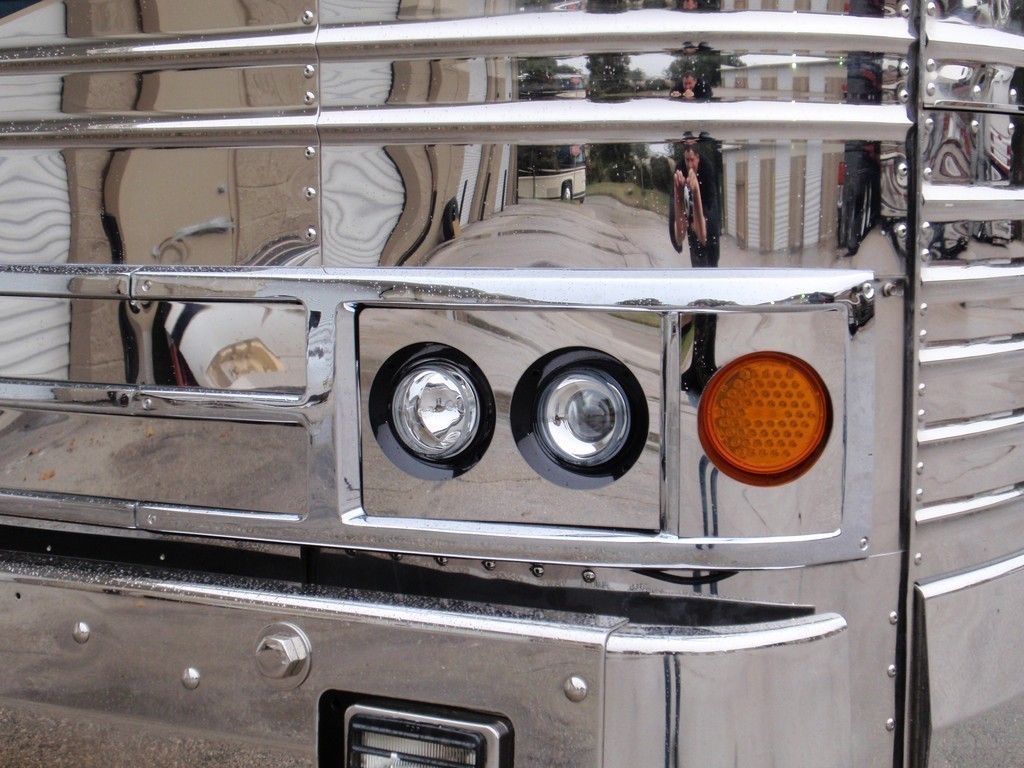 Prevost Headlight upgrade drivers side with Stainless Covers by Excalibur Coach