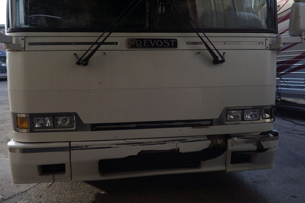 2000 Prevost H3-45 Entertainer before repair and front facelift by Excalibur Coach