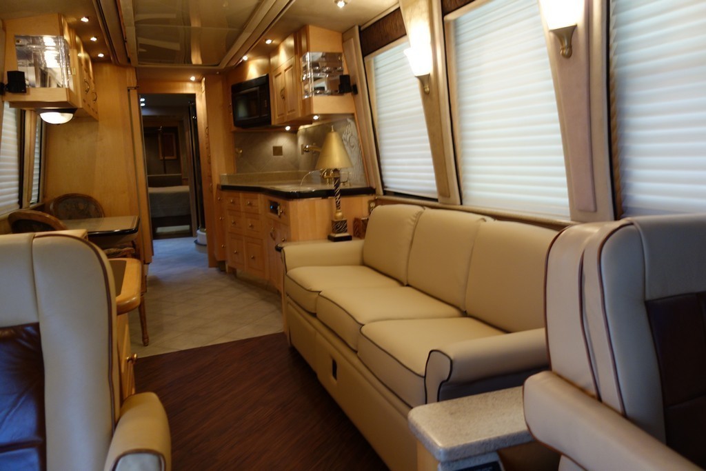 2000 Prevost Royale salon and galley - new floor - sofa upholstery - new valance by Excalibur Coach