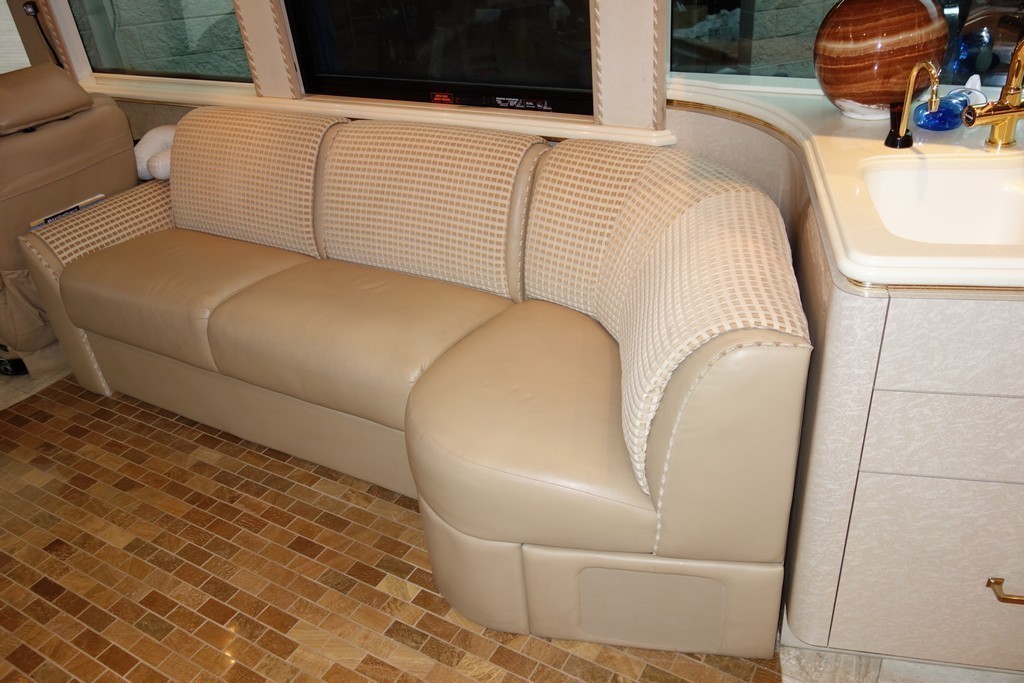 Prevost XLII Marathon interior remodel Upholstery Sofa made to sleep on