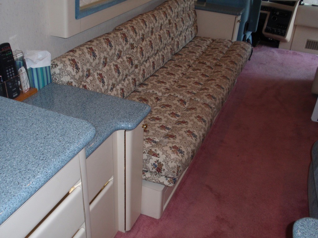 1996 Prevost XLV before interior remodel with new floor and sofa upholstery by Excalibur Coach
