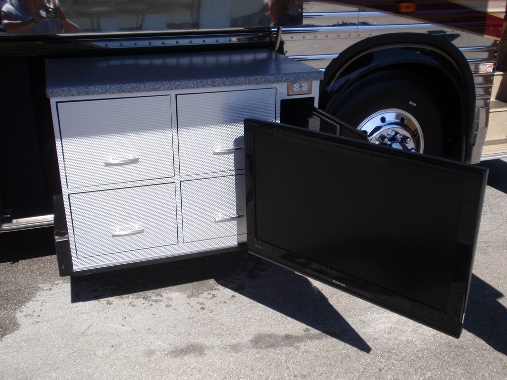 Prevost, XL, XLII, H3, Motorhome, Country Coach, Marathon - Bay 1 -TV and Cabinet Pulled Out by Excalibur Coach