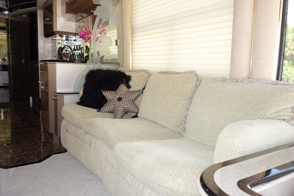 Prevost H3-45 Liberty Before new upholstery on sofa by Excalibur Coach