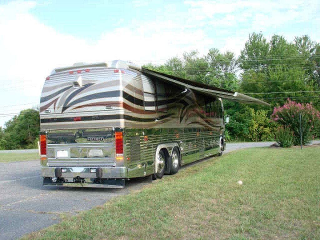 Prevost XL Rear view with new Excalibur Coach Awnings out - Pkg XL - XLII - H3-45 - Motorhome