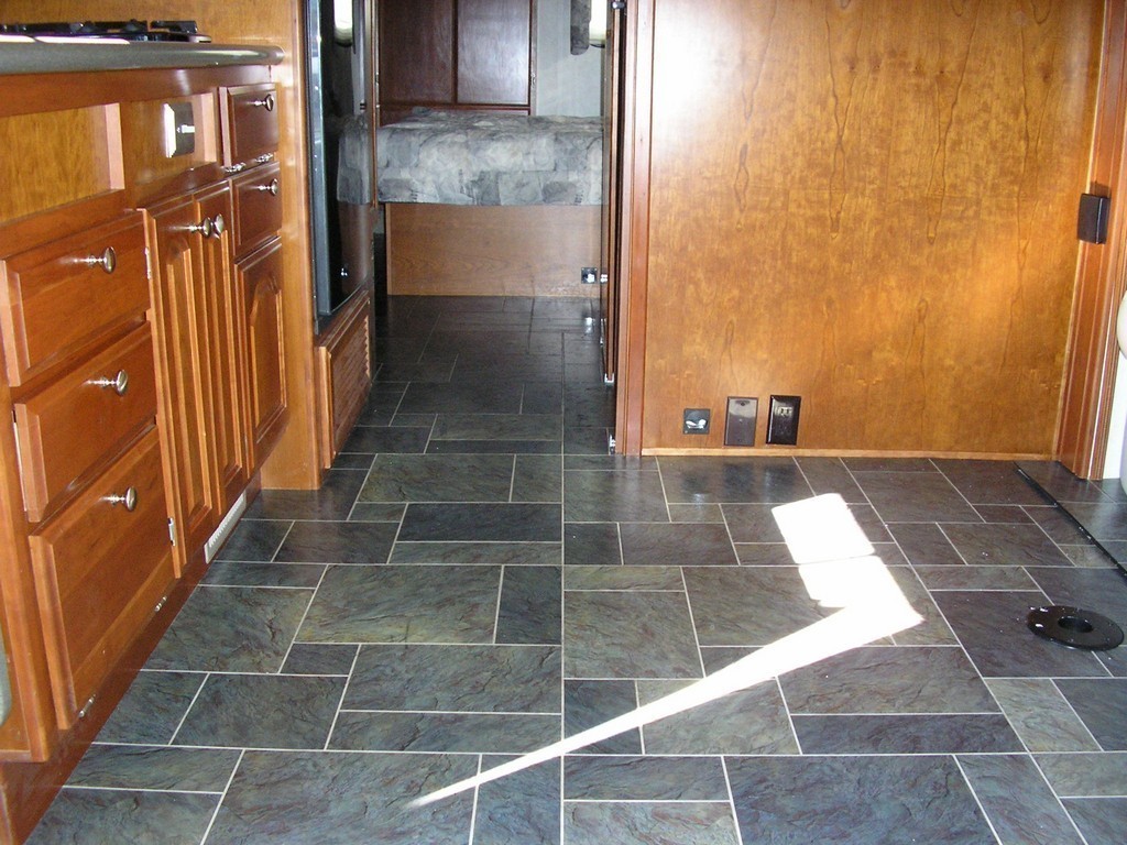 New vinyl stone flooring in galley by Excalibur Coach - Upholstery - Prevost Motorhome - H3-45 - XL - XLII - Marathon - Country Coach