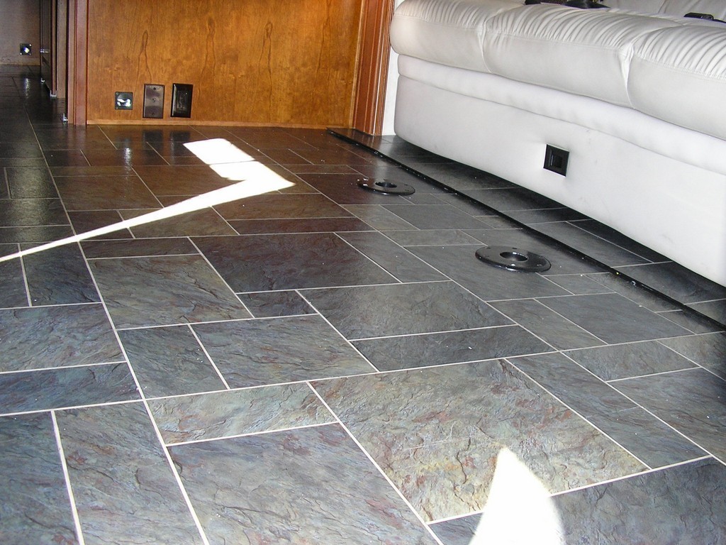 New vinyl stone flooring in salon by Excalibur Coach - Upholstery - Prevost Motorhome - H3-45 - XL - XLII - Marathon - Country Coach