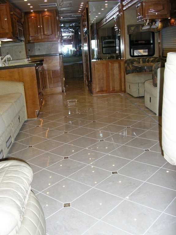 New Ceramic Floor in salon and galley by Excalibur Coach - Upholstery - Prevost Motorhome - H3-45 - XL - XLII - Marathon - Country Coach