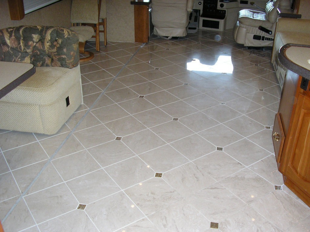 New Ceramic flooring in Slideout by Excalibur Coach - Upholstery - Prevost Motorhome - H3-45 - XL - XLII - Marathon - Country Coach