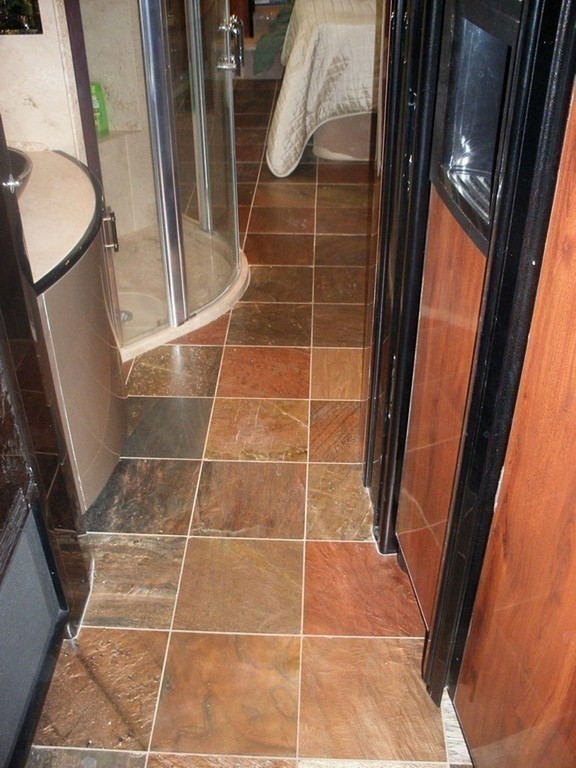 New Honed Slate Floor in Bath & Bedroom by Excalibur Coach - Floors - Prevost Motorhome - H3-45 - XL - XLII - Marathon - Country Coach