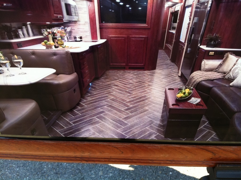 New Vinyl Wood Planking in a V pattern by Excalibur Coach - Floor - Prevost Motorhome - H3-45 - XL - XLII - Marathon - Entertainer
