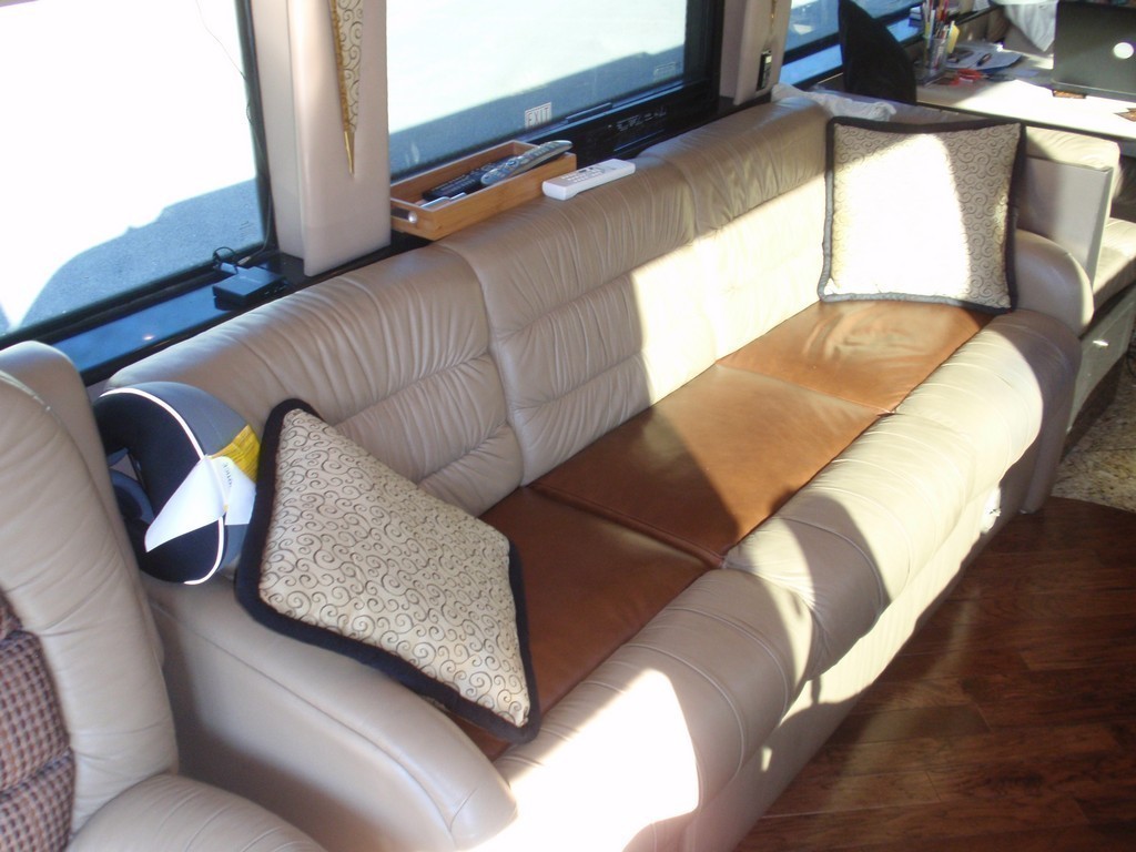 Prevost, XL, XLII, H3-45 - Passenger side reupholstered sofa by Excalibur Coach
