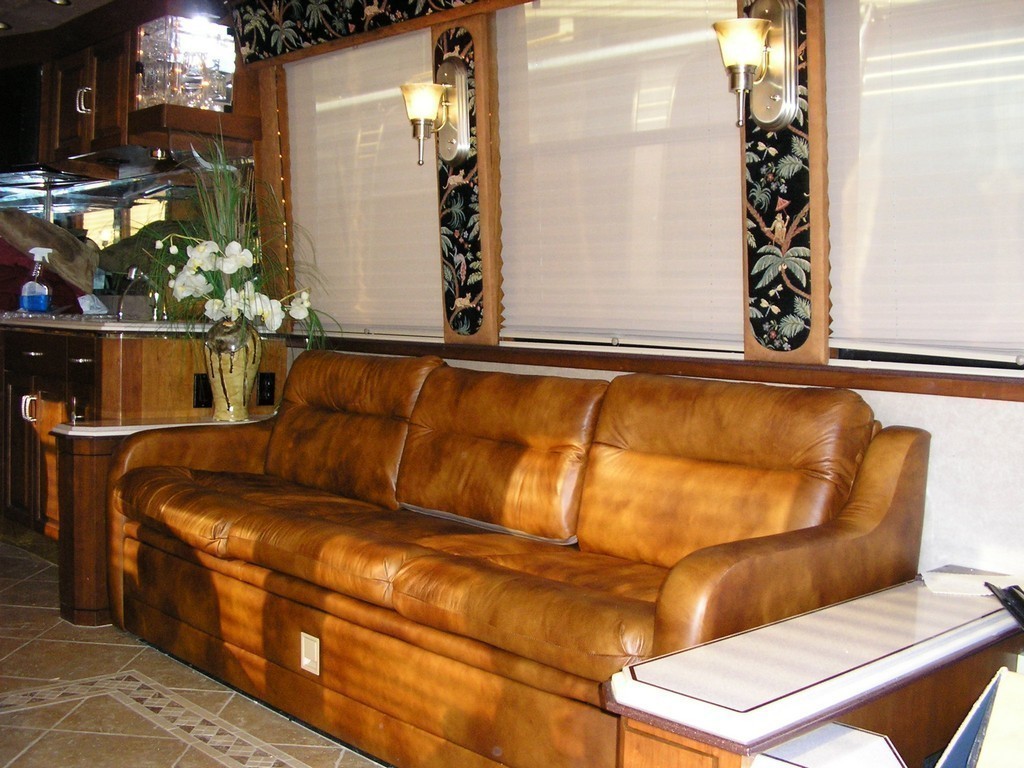 Prevost Motrohome Class A -Newly upholstered salon sofa by Excalibur Coach