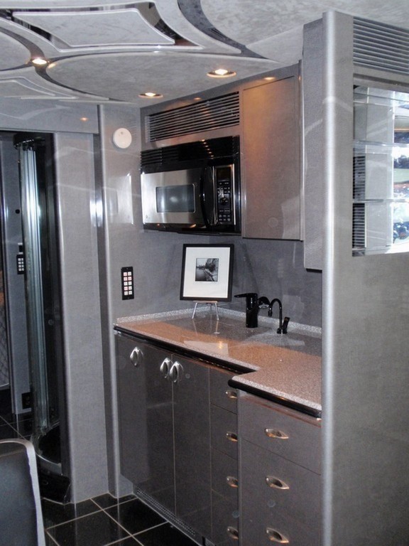 Prevost XL II Galley modified for more counter space by Excalibur Coach. Also Motorhome, Class A, H3-45