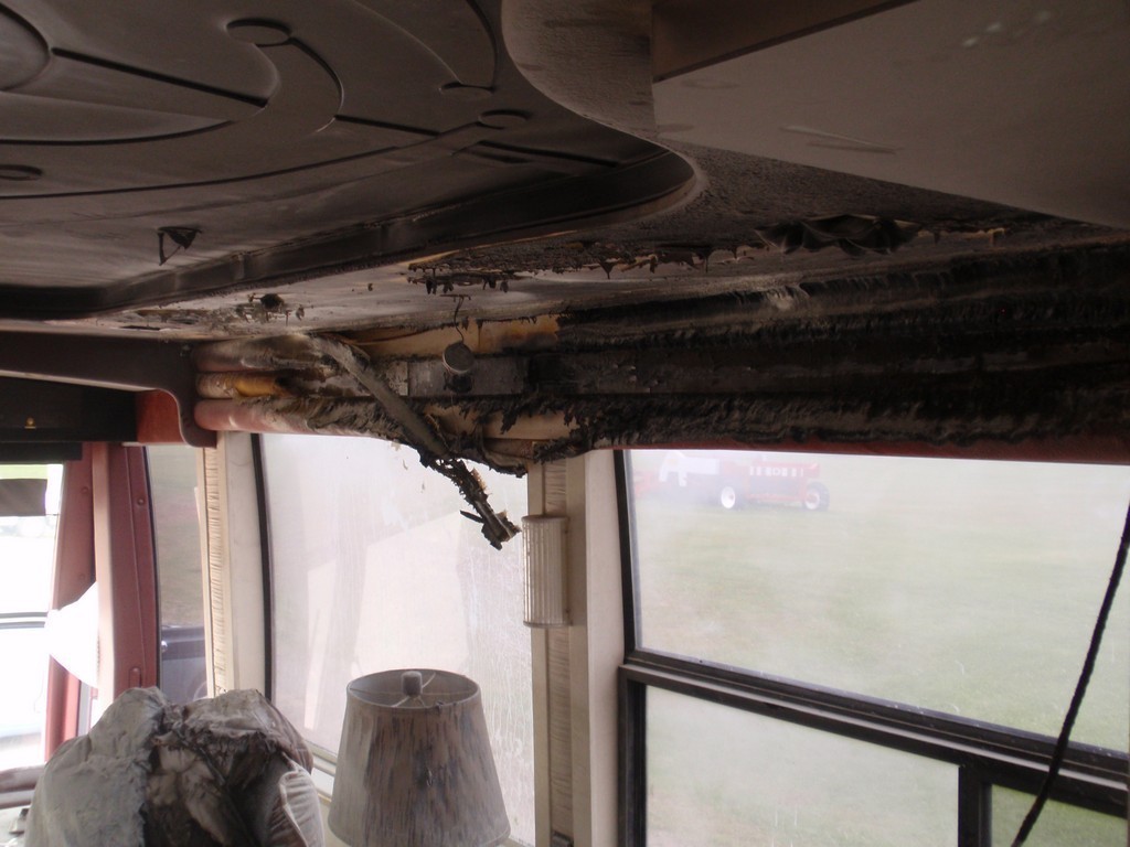 Prevost H3-45 Salon Ceiling Burn Job before repairs