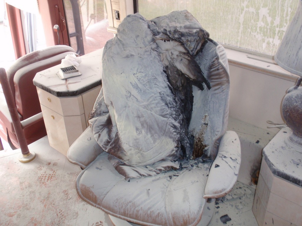 Prevost H3-45 Salon passenger side Burn Job before repairs