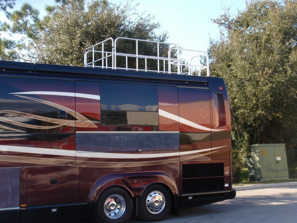 View From Ground with railing UP - Prevost, H3-45, Motorhome -Observation deck on coach by Excalibur Coach