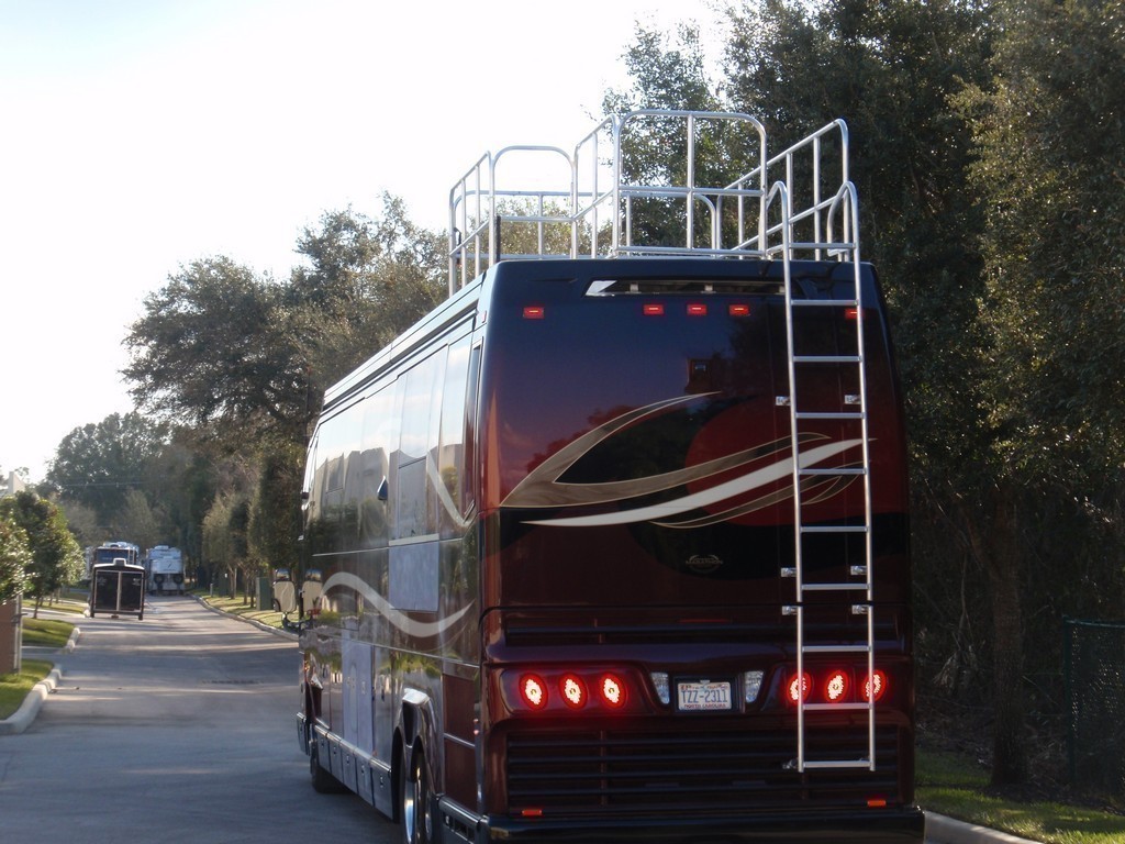 View From Ground Rear - Prevost, H3-45, Motorhome -Observation deck on coach by Excalibur Coach