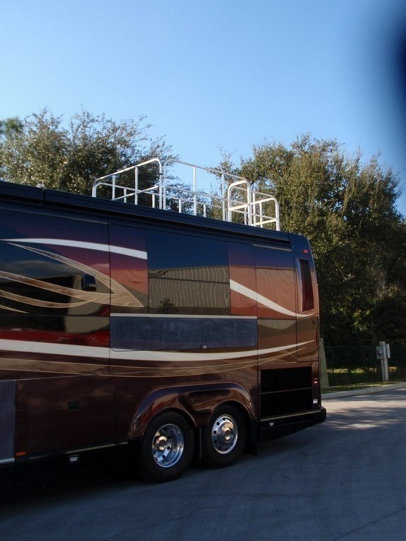 View from ground with railing up - Prevost, H3-45, Motorhome -Observation deck on coach by Excalibur Coach