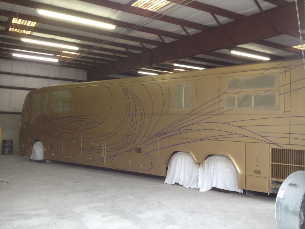 Prevost H3-45 XL XLII Motorhome - New paint in process by Excalibur Coach side view