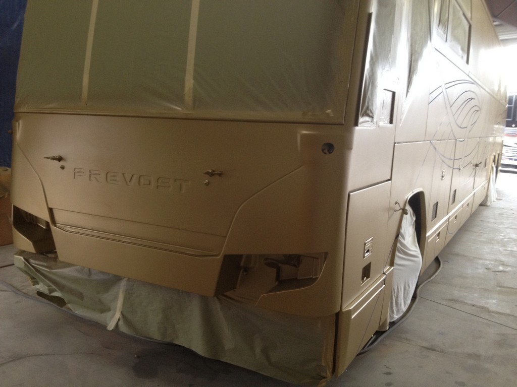 Prevost H3-45 XL XLII Motorhome - New paint in process by Excalibur Coach front view
