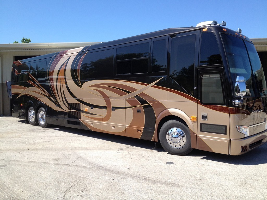 Prevost H3-45 XL XLII Motorhome - New paint and graphics passenger side by Excalibur Coach