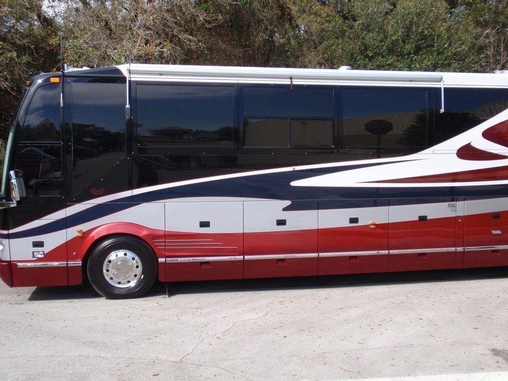 2002 Prevost H3-45 Marathon driver side repainted by Excalibur Coach