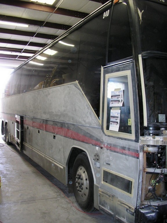 Prevost H3-45 Seated Coach being preped for paint by Excalibur Coach