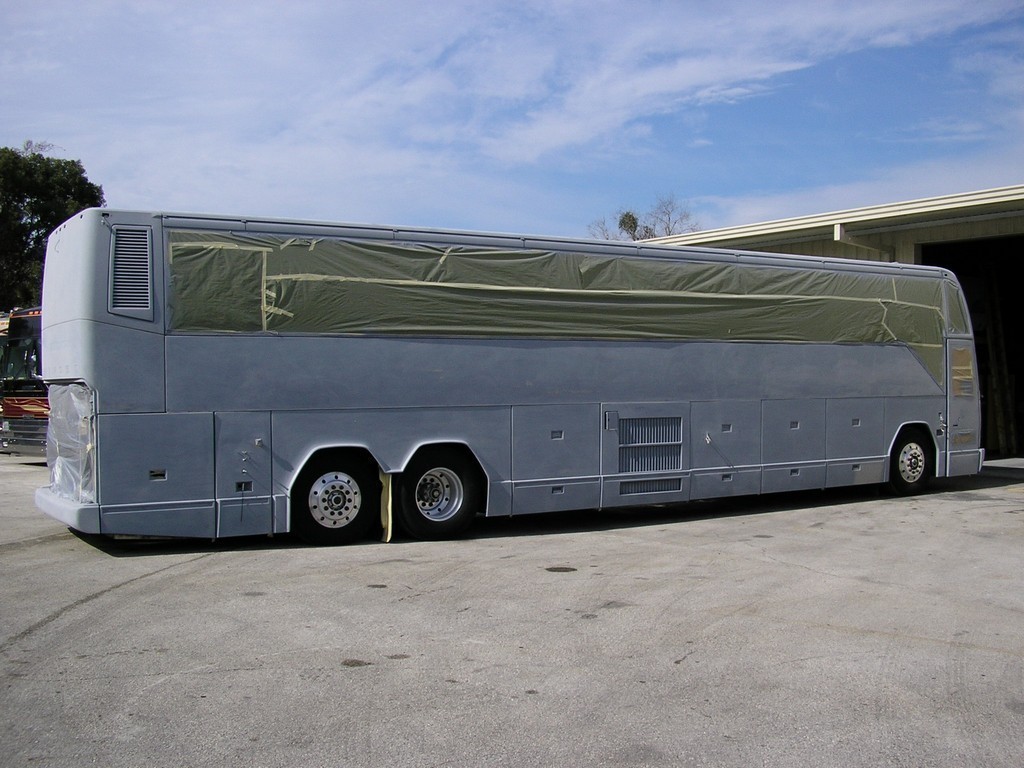Prevost H3-45 Excalibur Coach Facelift and paint in process - primed & ready for paint