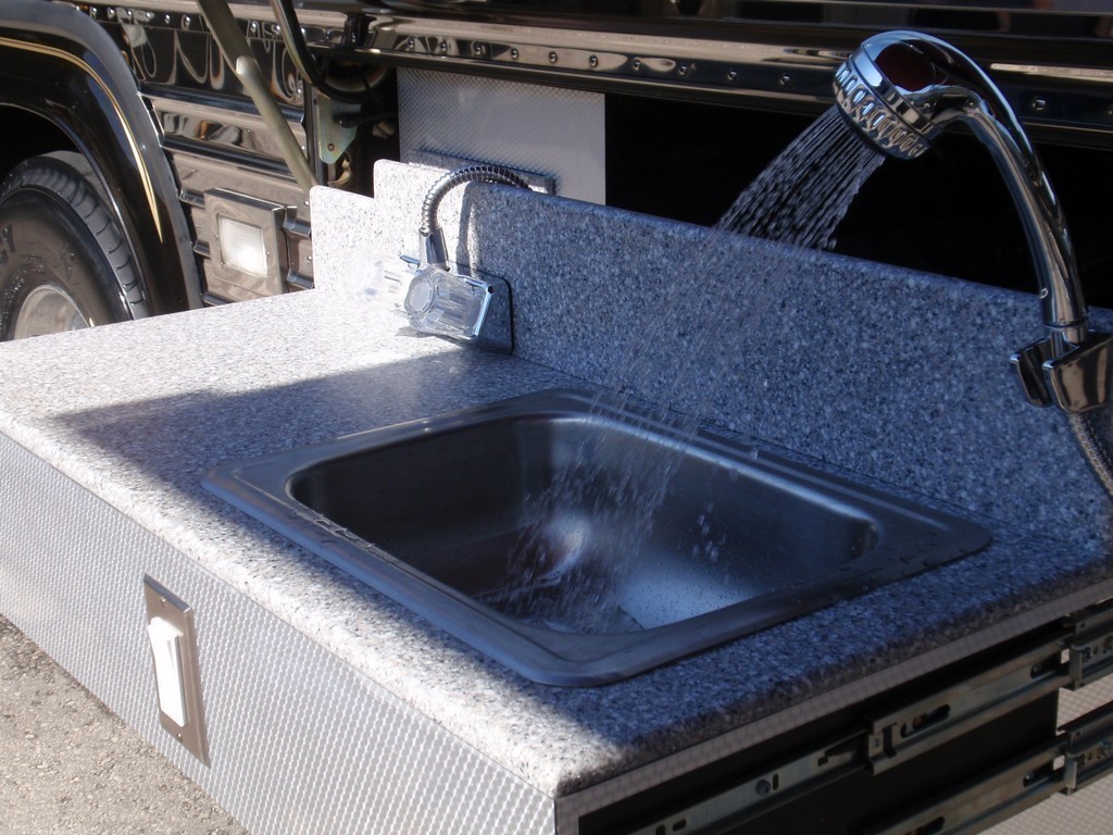 Prevost bay 4 New Sink in use designed by Excalibur Coach Prevost Motorhome XL XLII H3