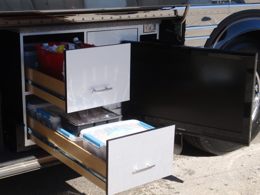 Prevost Bay One with Deep Drawers on 42 inch heavy duty slides designed by Excalibur Coach Prevost Motorhome XL XLII H3