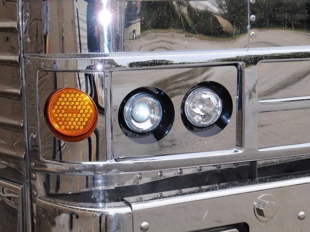 Prevost Country Coach Headlight Upgrade Passengeer side with stainless cover by Excalibur Coach