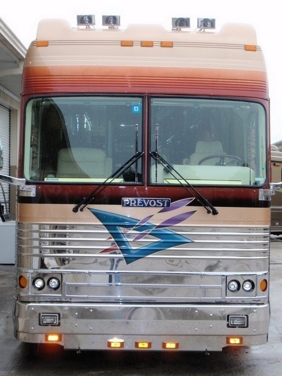 Prevost Country Coach Headlight and front top faring upgraded by Excalibur Coach