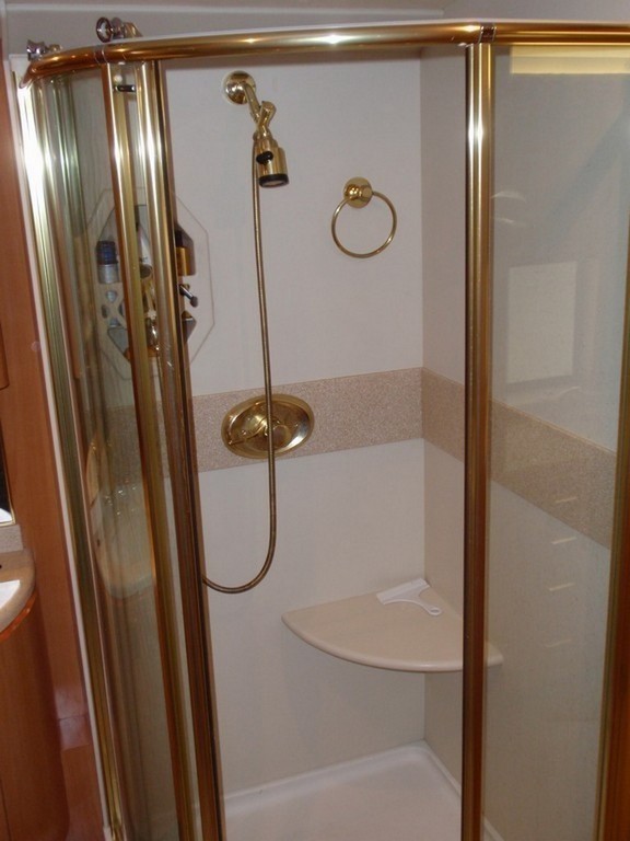 Prevost XL Marathon before Excalibur Coach Shower upgrade door open