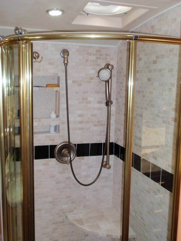 Prevost XL Marathon Upgraded Shower by Excalibur Coach showing door open