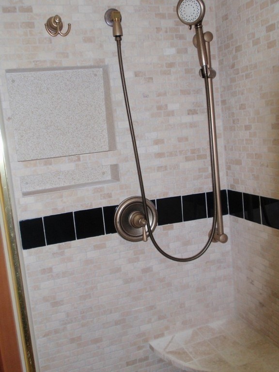 Prevost XL Marathon Newly upgraded stone shower with inset shelf and seat all done by Excalibur Coach