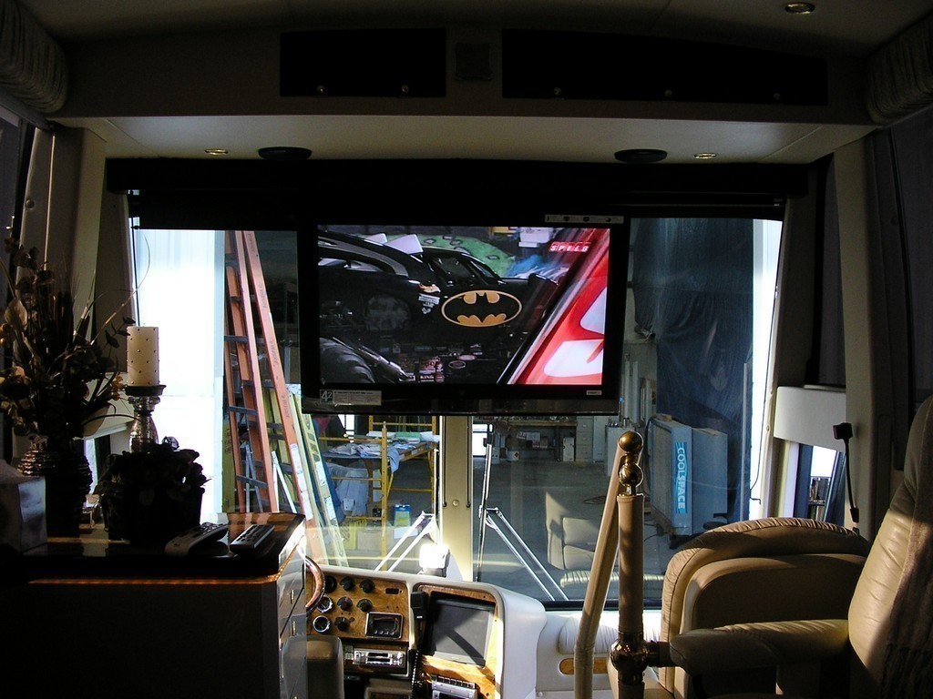 50 inch TV mounted above dash by Excalibur Coach - Prevost, XL, XLII, H3-45, Country Coach, Monaco, Marathon, Entertainer, Motorhome, Class A