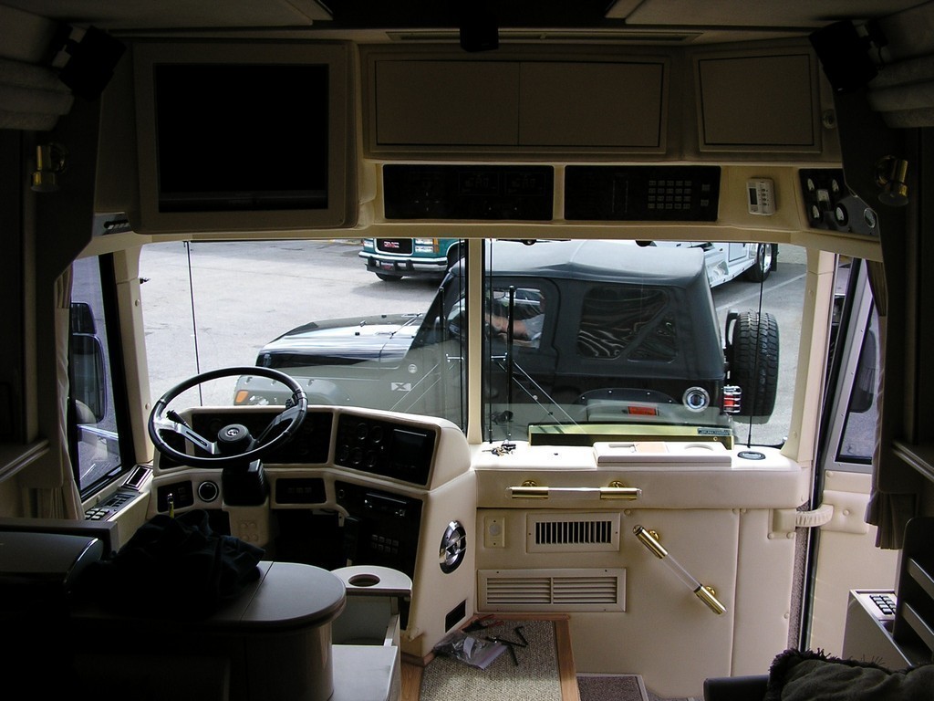 Prevost, XL, XLII, Country Coach, Motorhome, Class A - before Front TV and new custom cabinets by Excalibur Coach