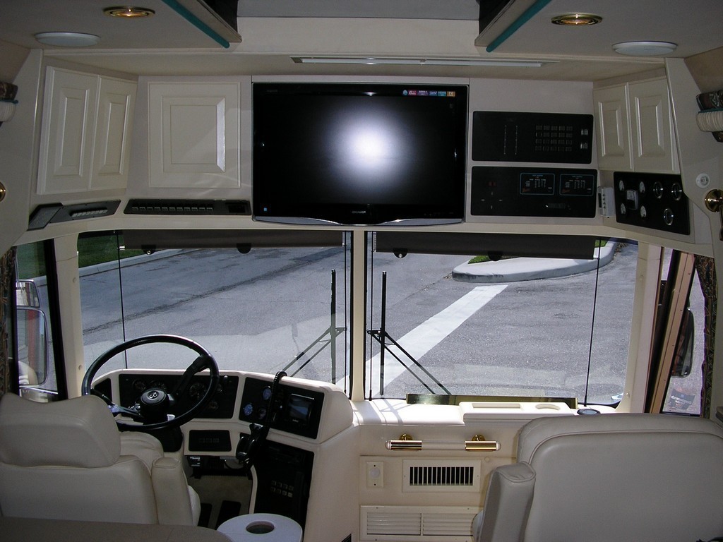 Prevost, XL, XLII, Country Coach, Motorhome, Class A - after new Front TV and storage cabinets by Excalibur Coach
