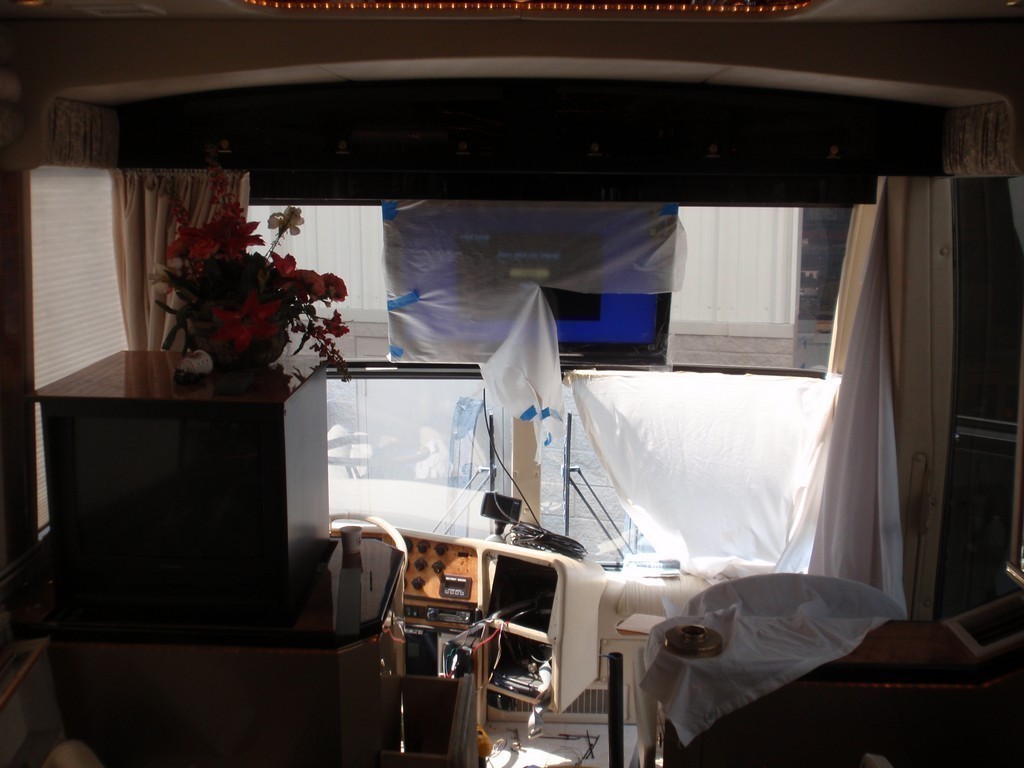 Prevost, XL, XLII, Country Coach, Motorhome, Class A -Custom cabinet and TV for front of coach by Excalibur Coach in process