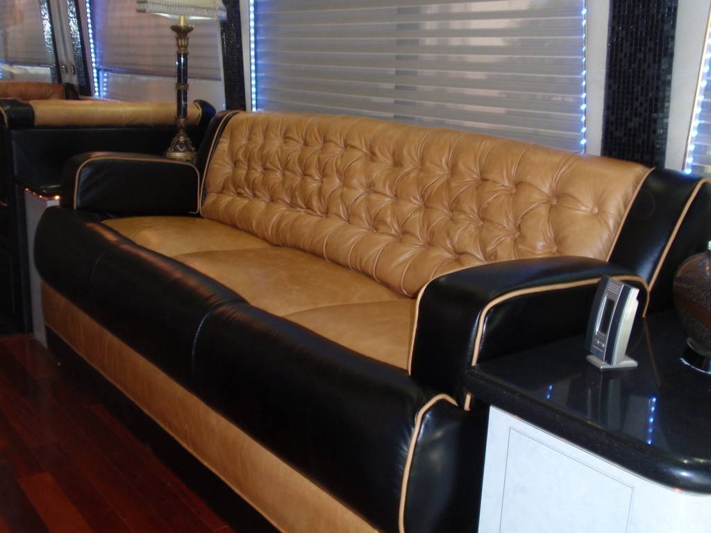 Driver side sofa with new upholstery by Excalibur Coach - Prevost, XL, XLII, H3-45, Entertainer, Motorhome, Class A