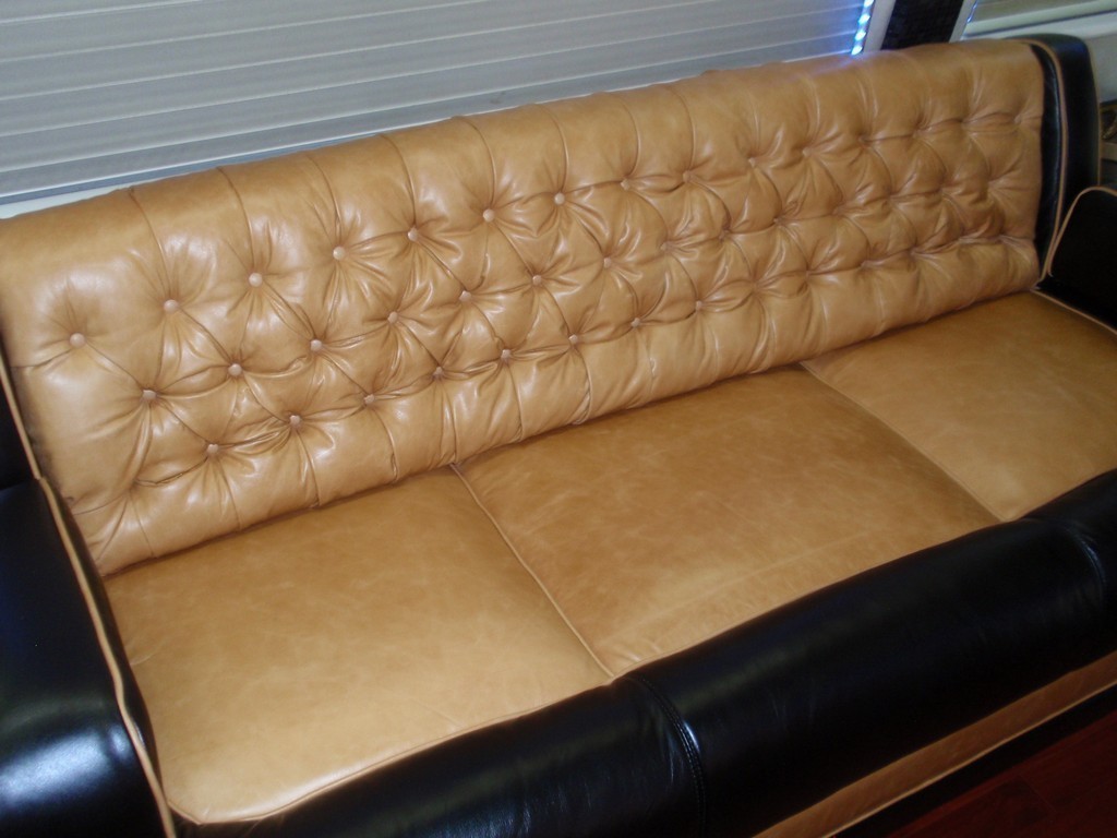 Salon sofa with new upholstery by Excalibur Coach - Prevost, XL, XLII, H3-45, Entertainer, Motorhome, Class A