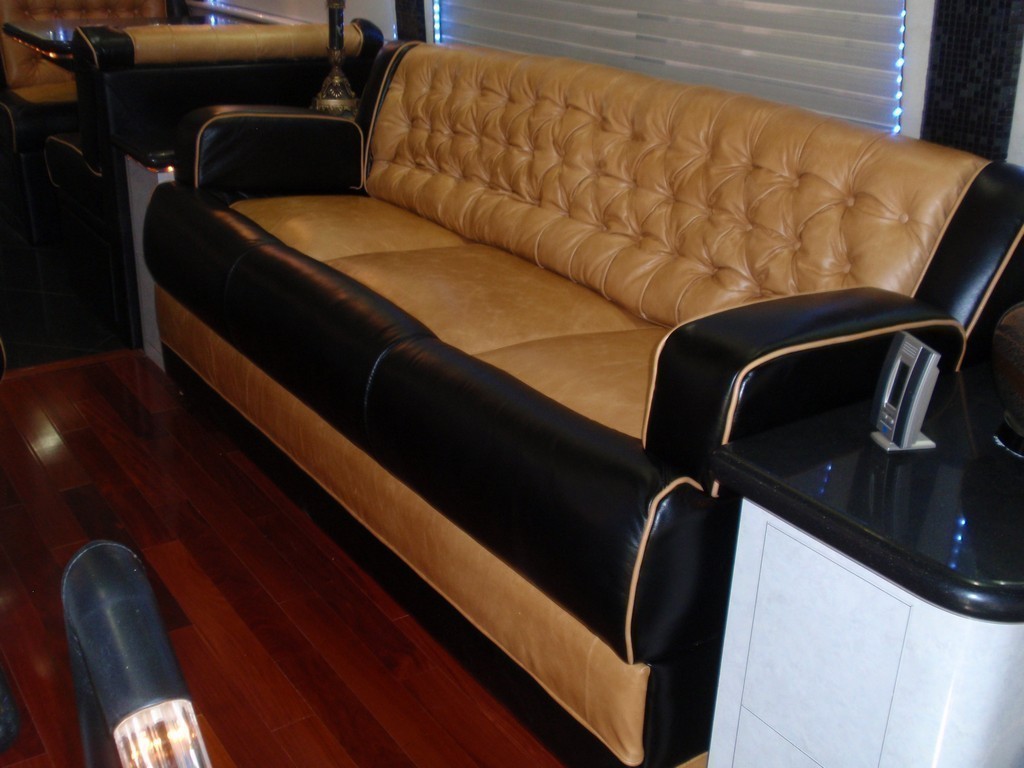 New upholstery on driver side sofa by Excalibur Coach - Prevost Motorhome - XL - XLII - H3-45 - Class A
