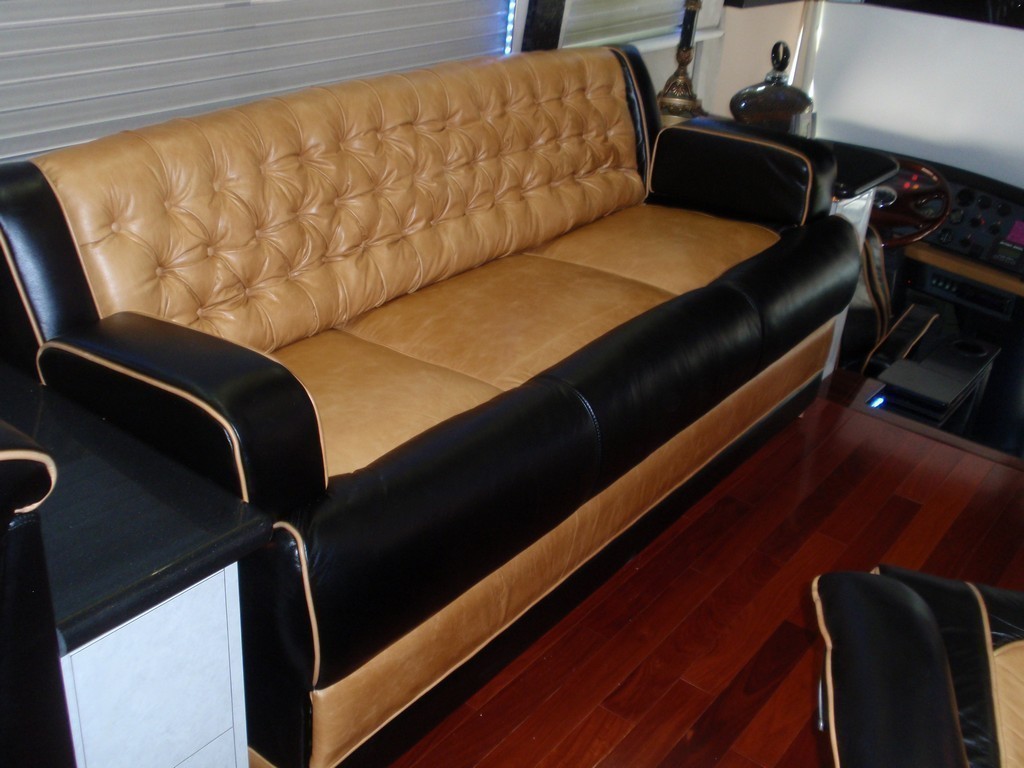 New upholstery on salon sofa by Excalibur Coach - Prevost Motorhome - XL - XLII - H3-45 - Class A