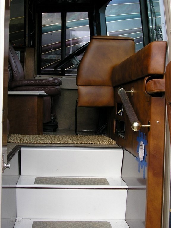 Newly upholstered dash view from entry door by Excalibur Coach - Prevost Motorhomes XL - XLII - H3-45 - Class A