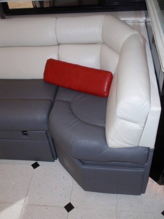 New upholstery on salon sofa by Excalibur - Prevost Motorhome Coach