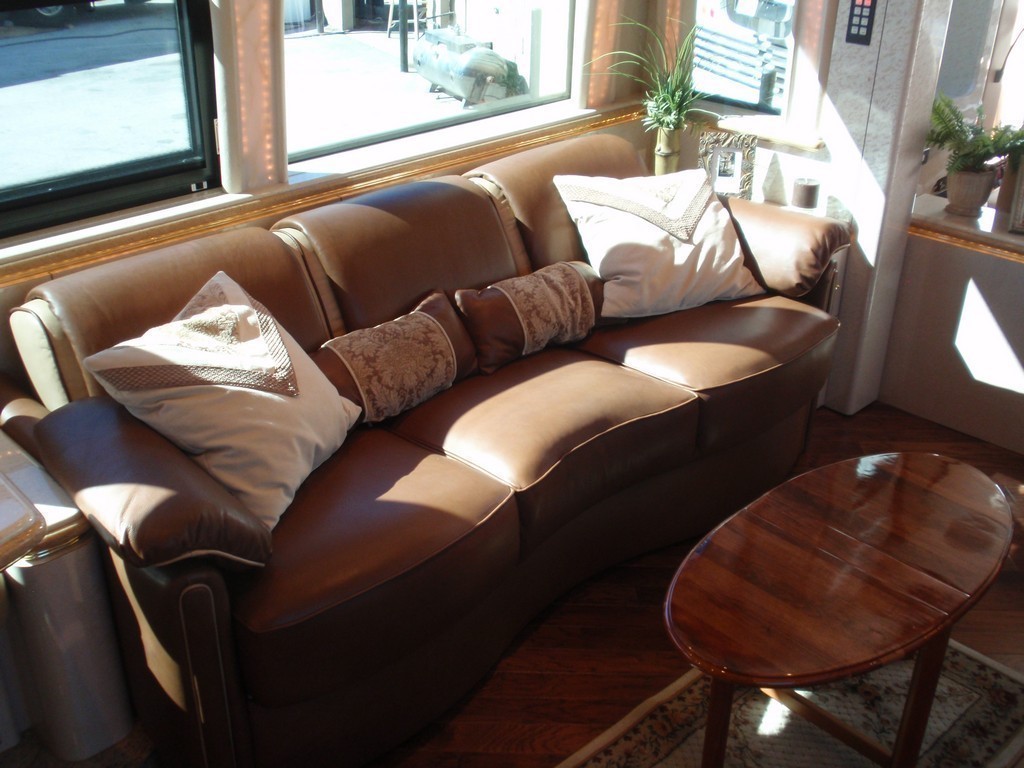 New upholstery on salon sofa by Excalibur XL II Prevost Motorhome