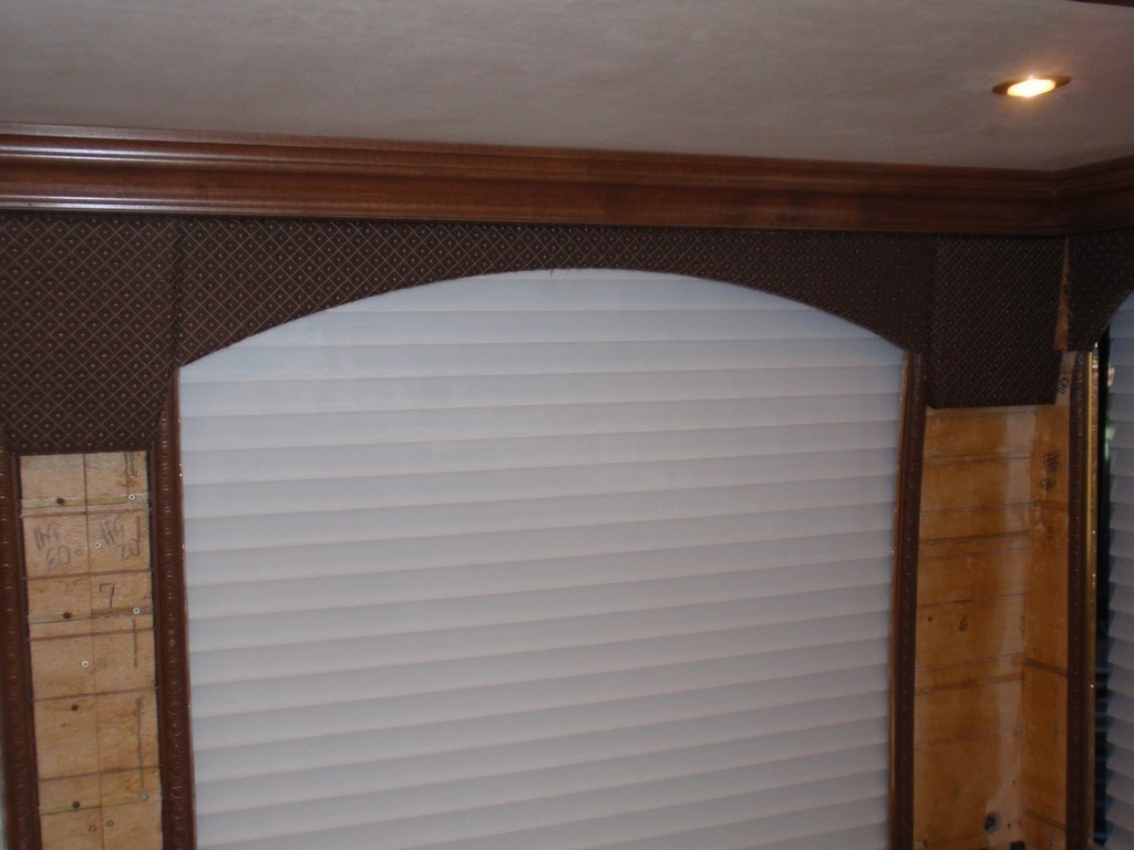 New upholstery on stateroom valances in process by Excalibur Coach - Entertainers - XL - XLII - H3-45 - Class A